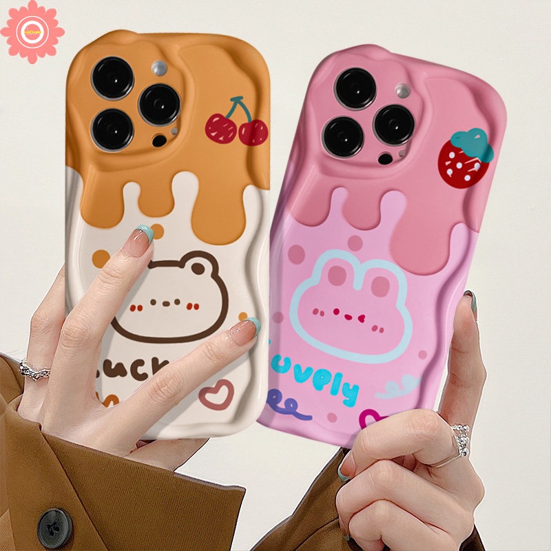 Casing Ponsel Kelinci Ice Cream Lucu Kompatibel Untuk IPhone XR 11 13 12 14 Pro Max7 8 6s 6 Plus X XS Max SE 2020 Kartun Beruang Ceri Lembut Tpu 3D Bergelombang Tepi Melengkung Pasangan Cover