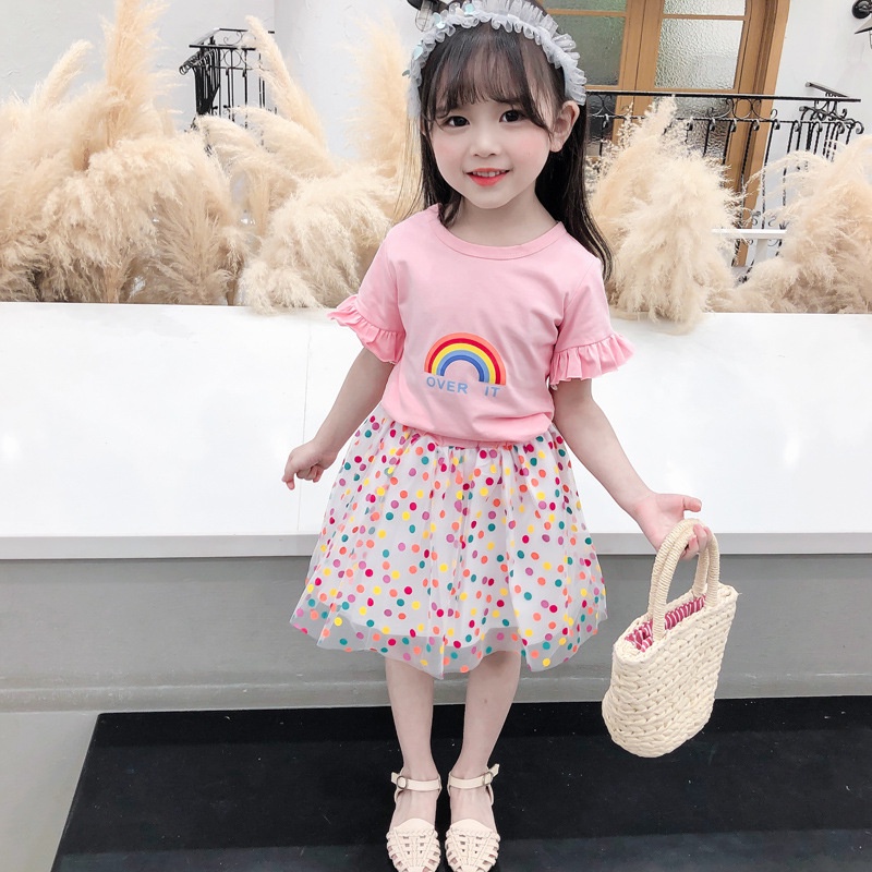 T-shirt Kaos lengan pendek anak perempuan + setelan rok pendek rok jala pelangi busana anak-anak Balet