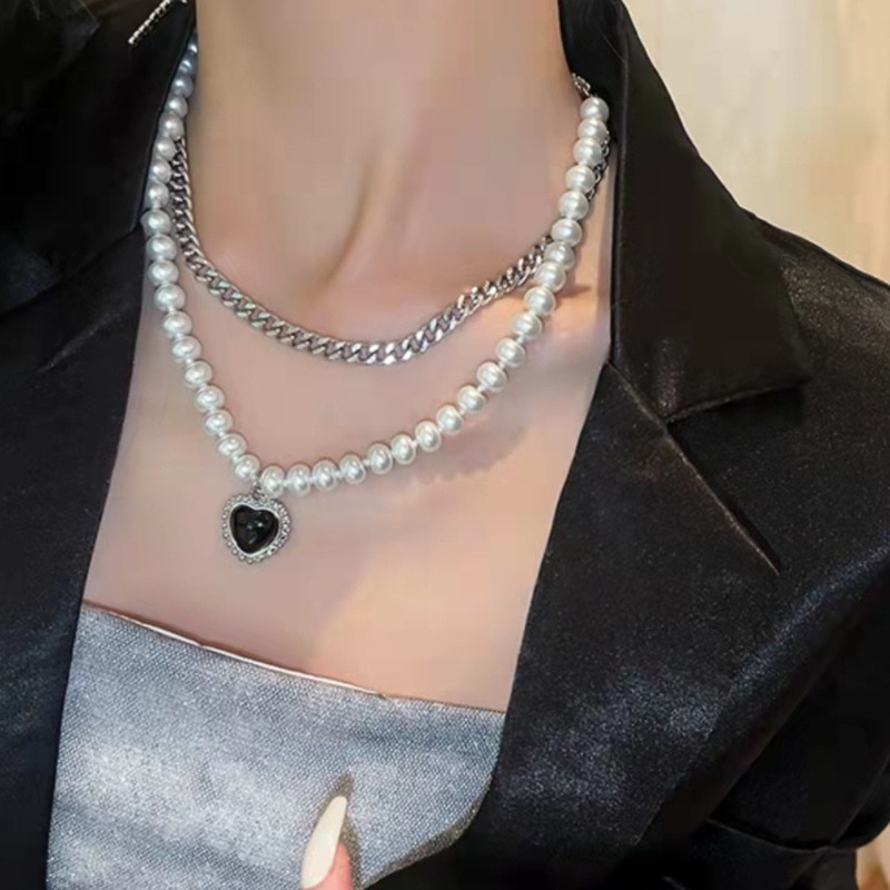 Kalung Multi-Layer Wanita Temperamen Sederhana Kreatif Baru ins Gaya Cinta Hitam Kalung Mutiara Dua Lapis