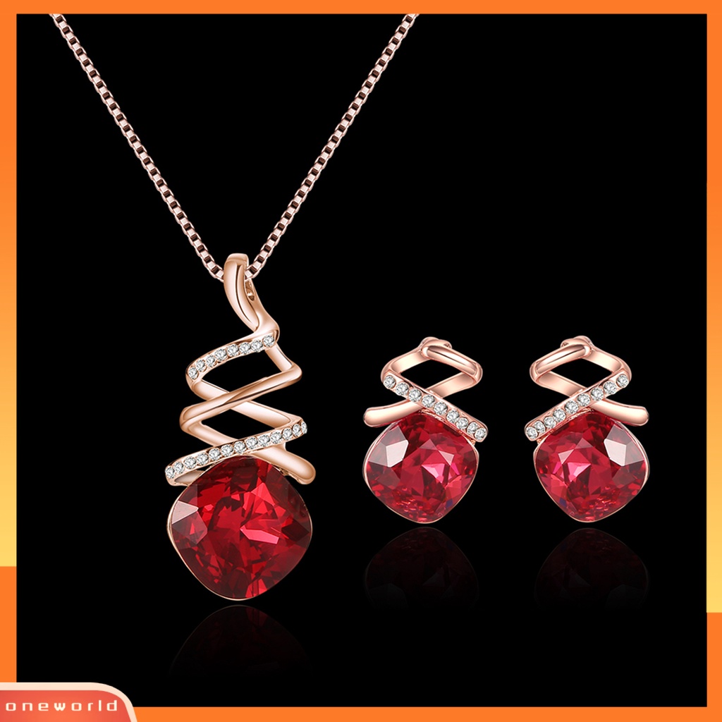 [ONE] 1set Wanita Kalung Geometris Cubic Zirconia Memutar Elegan Merah Persegi Berlian Imitasi Bertatahkan Stud Earrings Kit Fashion Perhiasan