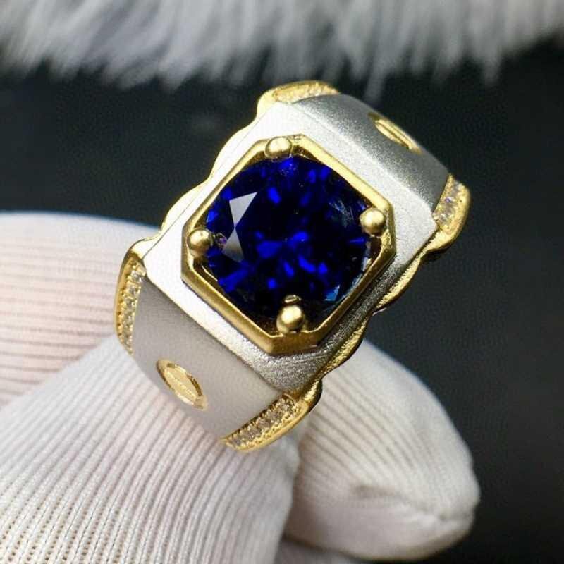 Mewah Perak Emas Pria Biru Zirkon Kristal Safir Cincin Titanium Fashion Perhiasan Pernikahan Cincin Aksesoris