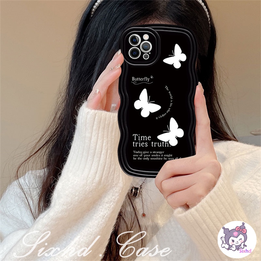 IPHONE Kompatibel Untuk Iphone14 13 12 11 Pro Max SE 2020 X XR Xs Max7 8 6 6s Plus Wave Edge Fashion Hitam Kupu-Kupu Lembut Casing Ponsel Shockproof Case Clear Cover