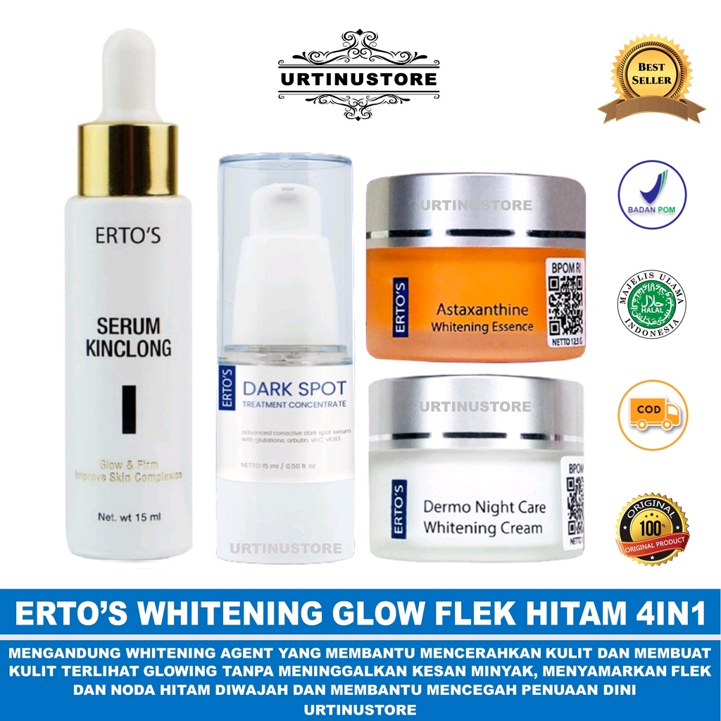 (promo) Paket Ertos Whitening Glowing Flek dan Bintik Hitam 4in1 ( SERUM KINCLONG, DARK SPOT, ASTAXA