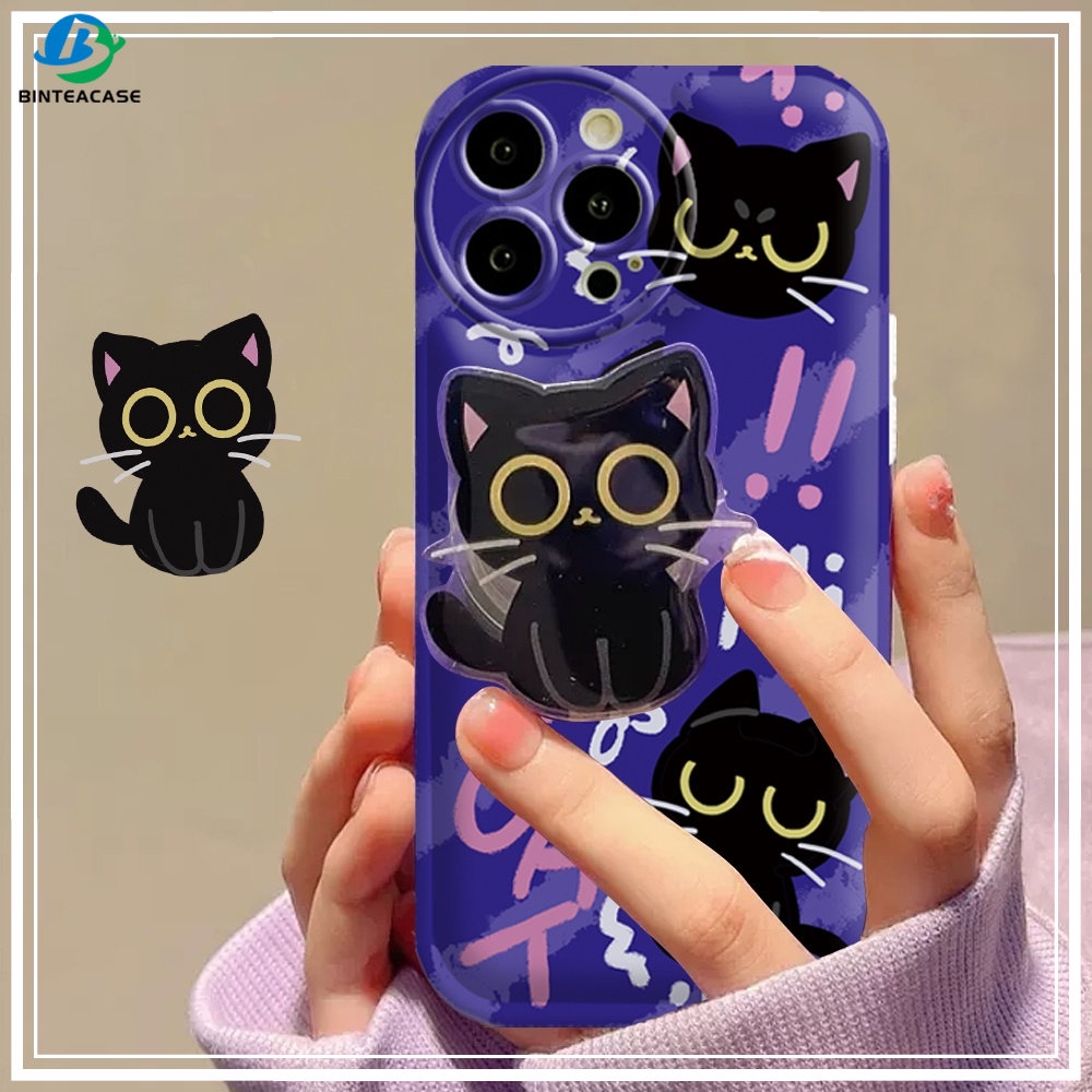 Oppo Reno 8T 4G A57 A16 A16K A17 A5S A12 A3S A12E A92 A52 F1S A53 A33 A31 A9 A5 A15 A15S A54 F9 C1 Graffiti Black Cat Air cushion TPU Phone Case Dengan Bracket Binteacase