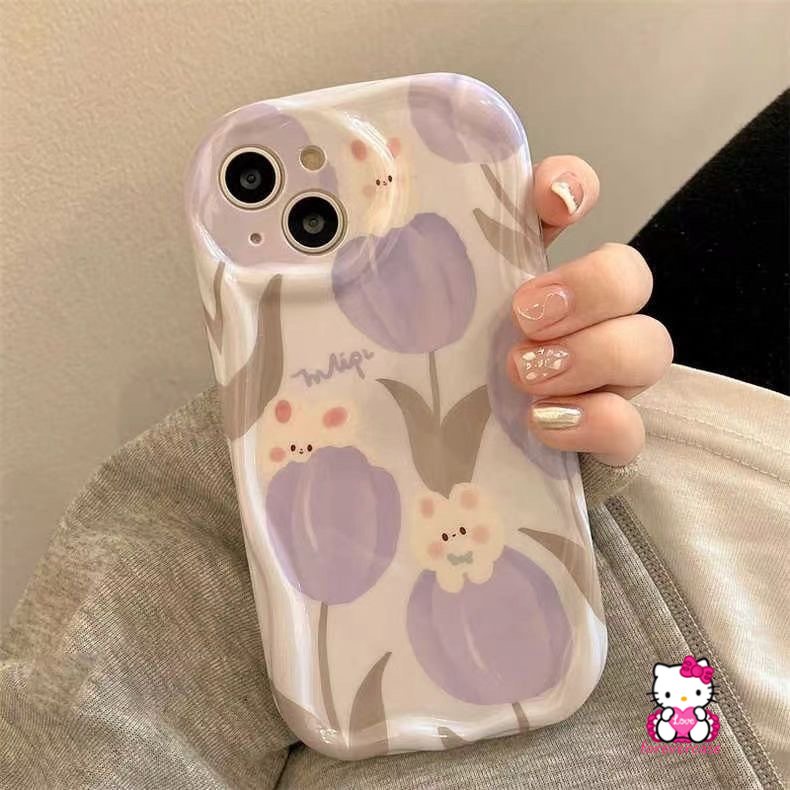 Casing 3D Wavy Curved Edge Glossy Untuk Redmi Note11 9 10S 11s 10Pro Max10 8 POCO M3 Redmi 9T A1 10C A2 10 9C NFC 9A 10A 9kartun Garis Lucu Beruang Fresh Flowers Tulip Rabbit Cover