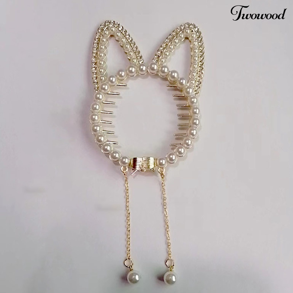 Twowood Shiny Rhinestones Faux Pearls Decor Ponytail Buckle Anti-slip Gigi Gadis Telinga Kucing Dekorasi Rumbai Liontin Rambut Penjepit Aksesoris Rambut