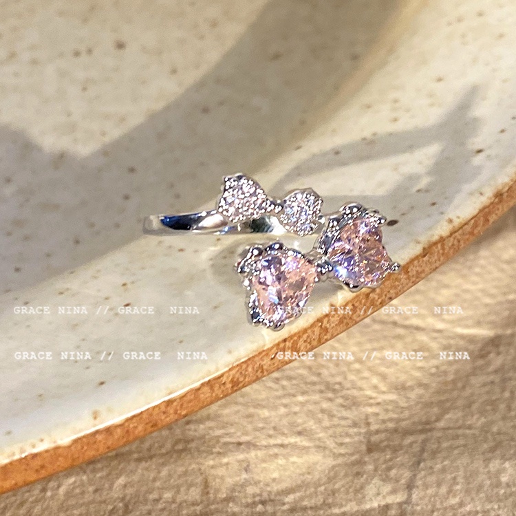 Ay(cn) Cincin Zircon Pink Kristal Busur Hati Butterfly Rings Untuk Aksesoris Perhiasan Wanita