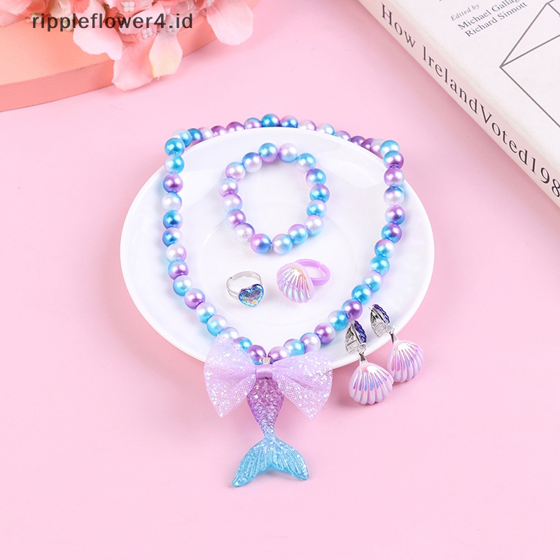 {rippleflower4.id} 1set Bayi Perempuan Manik-Manik Kalung Set Mermaid Ekor Liontin Anak Kids Adjustable Indah Kalung Pesona Perhiasan Hadiah~