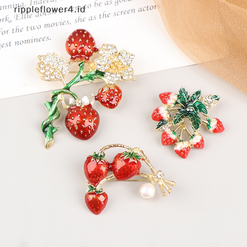 {rippleflower4.id} Bros Pohon Strawberry Enamel Merah Wanita Alloy Buah Buahan Pernikahan Bros Perjamuan~