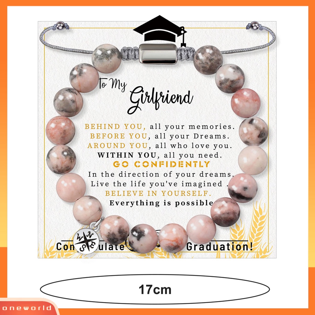 [ONE] 8mm Pink Beads Gelang Dengan Kartu Inspiratif Dapat Disesuaikan Putri Gadis Batu Alam Manik-Manik Bulat Gelang Musim Wisuda Hadiah