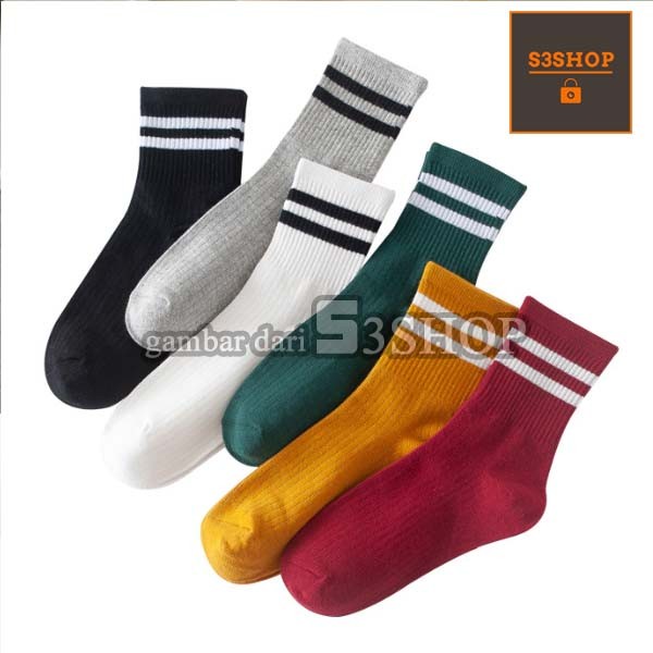 Kaos Kaki Retro Garis Putih Daily Socks Kasual Pria Wanita Korea Style