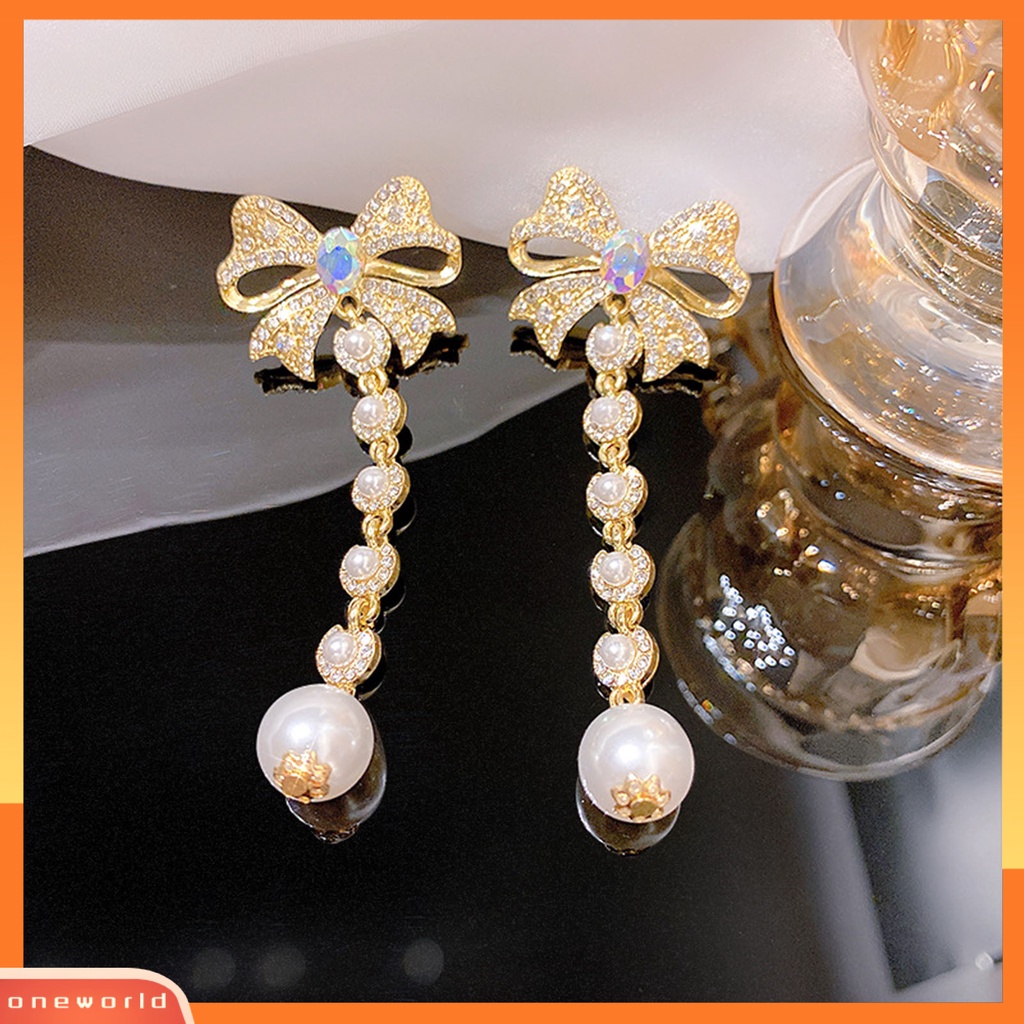 [WOD] 1pasang Anting Wanita Berlian Imitasi Mutiara Aksesori Panjang Lady Drop Earrings Untuk Pesta