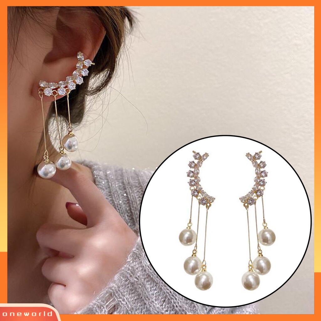 [WOD] 1pasang Anting Wanita Mutiara Imitasi Jumbai Panjang Perhiasan Fashion Penampilan Electroplated Clip Earrings Untuk Pakaian Sehari-Hari