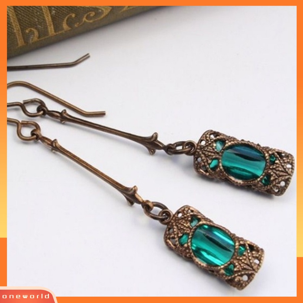 [WOD] Vintage Wanita Faux Gemstone Ukir Liontin Menjuntai Drop Hook Anting Perhiasan