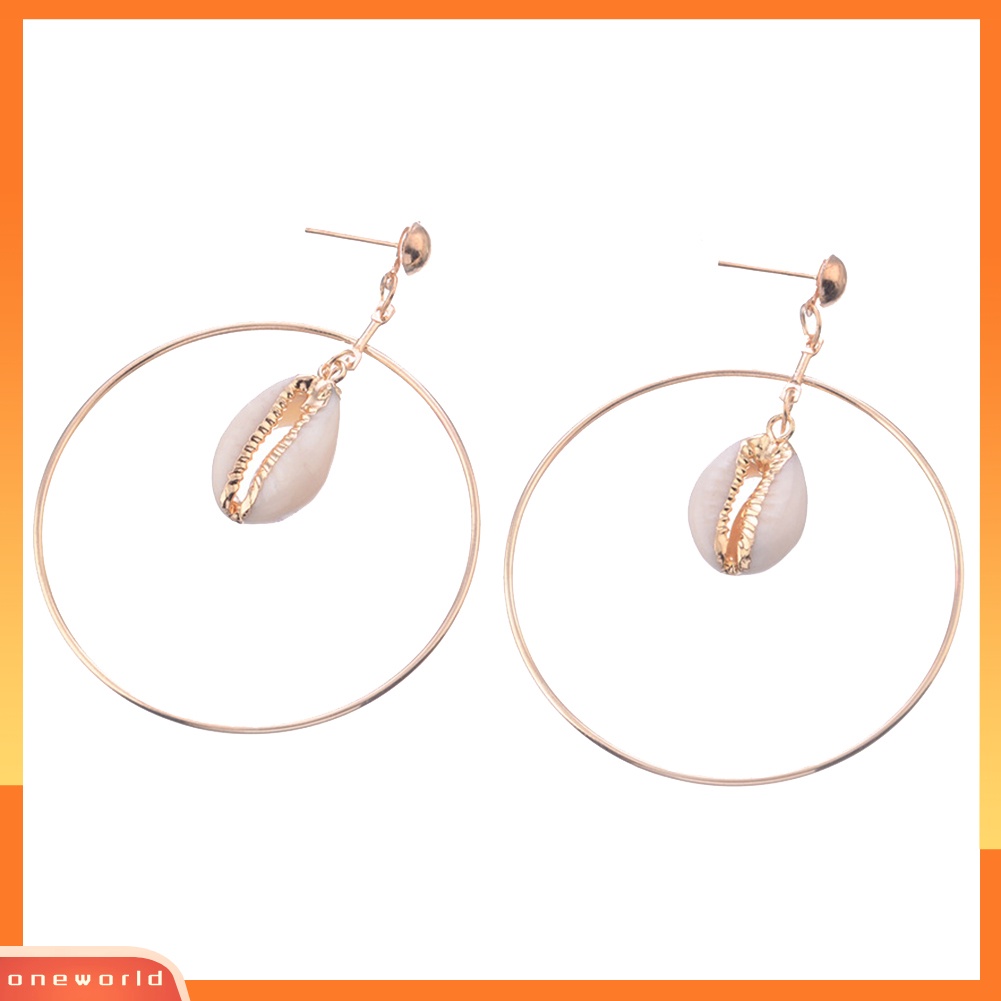 [WOD] Berongga Lingkaran Besar Cowrie Shell Drop Statement Stud Earrings Wanita Perhiasan Pantai