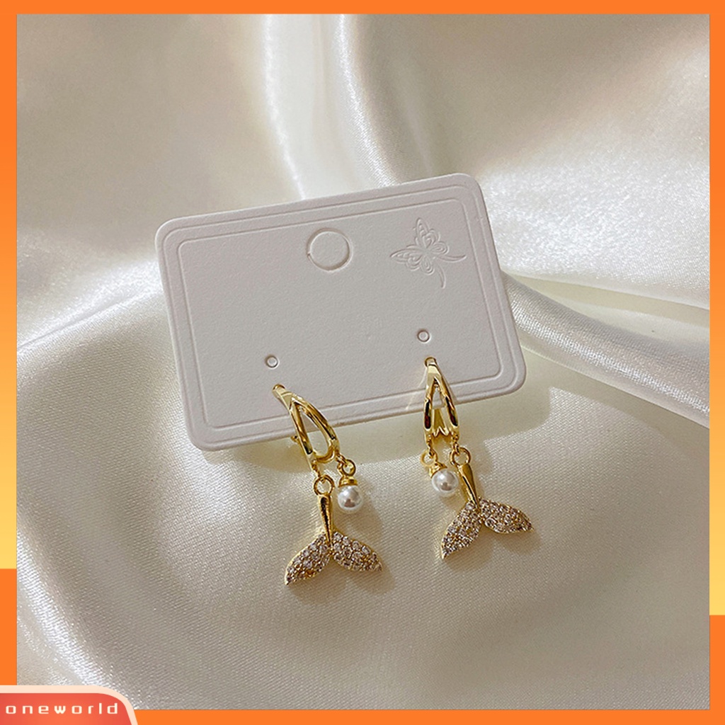 [WOD] 1pasang Drop Earrings Fishtail Faux Pearl Alloy Vintage Cubic Zirconia Anting Menjuntai Untuk Pesta Cocktail