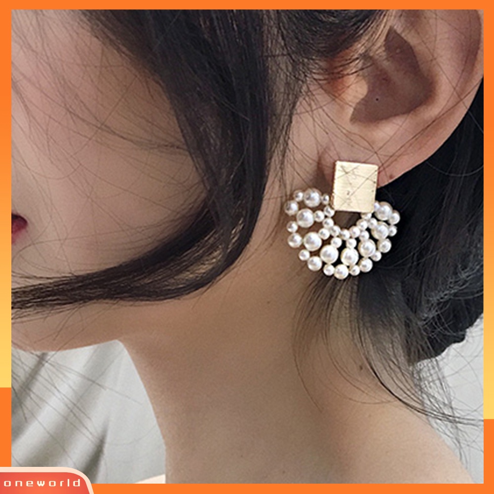 [WOD] Pesta Malam Persegi Mutiara Imitasi Bentuk Kipas Liontin Elegan Wanita Stud Earrings
