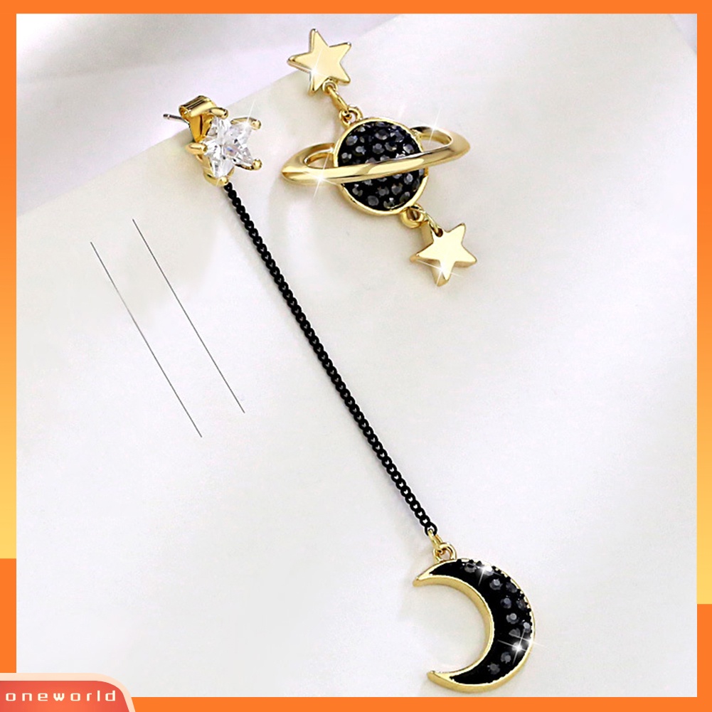 [WOD] Star Moon Ear Stud Berlian Imitasi Menjuntai Asimetris Anting Wanita Perhiasan Hadiah