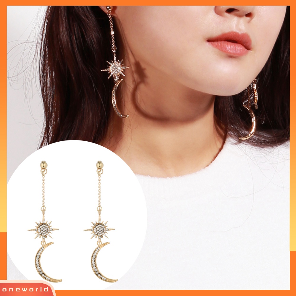 [WOD] Fashion Berlian Imitasi Bintang Bulan Sabit Menjuntai Panjang Drop Anting-Anting Wanita Perhiasan