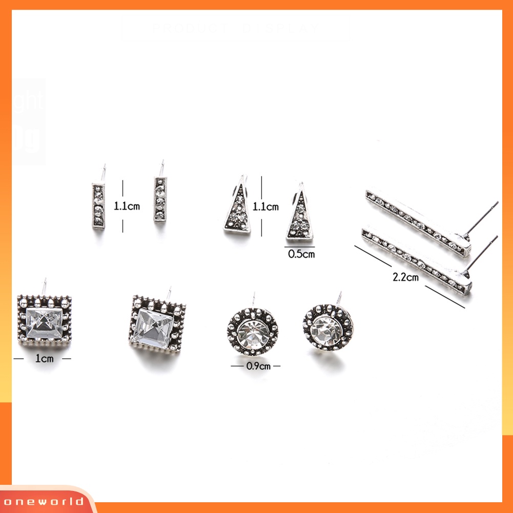 [WOD] 5pasang Boho Wanita Berlian Imitasi Kotak Bulat Persegi Panjang Segitiga Stud Earrings Set