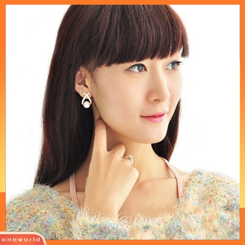 [WOD] Wanita Mutiara Imitasi Ear Studs Earrings Cross Berlian Imitasi Hadiah Perhiasan Pernikahan