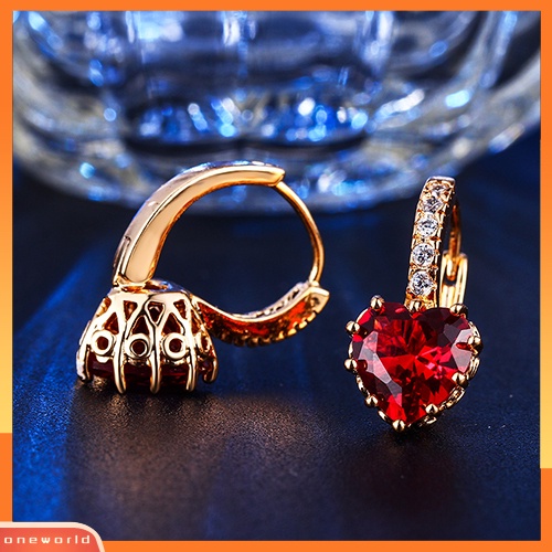 [WOD] Wanita Cinta Merah Hati Zirkon Lapis Emas 18K Leverback Huggie Earrings Perhiasan