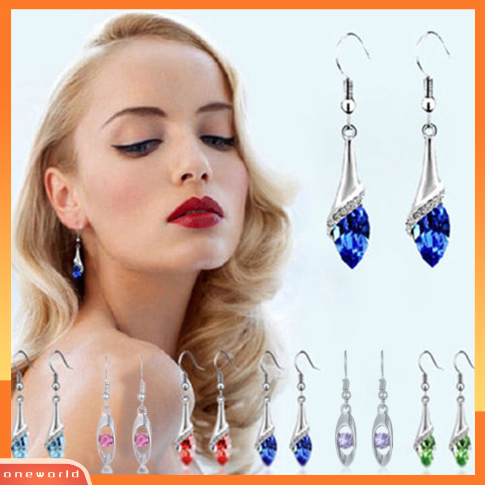 [WOD] Fashion Wanita Elegan Berlian Imitasi Mata Teardrop Menjuntai Perak Stud Hook Earrings