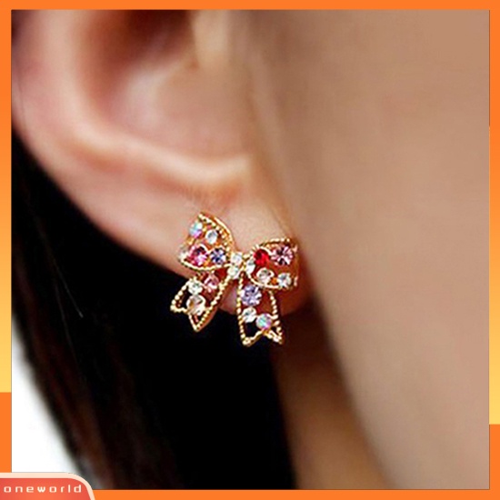 [WOD] 1pasang Wanita Berlian Imitasi Warna-Warni Ikatan Simpul Busur Telinga Studs Earrings Jewelry Charm