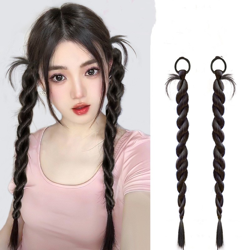 2pcs Y2K Gadis Keren Kepang Double Ponytail Wig Untuk Wanita Ekstensi Rambut 60CM