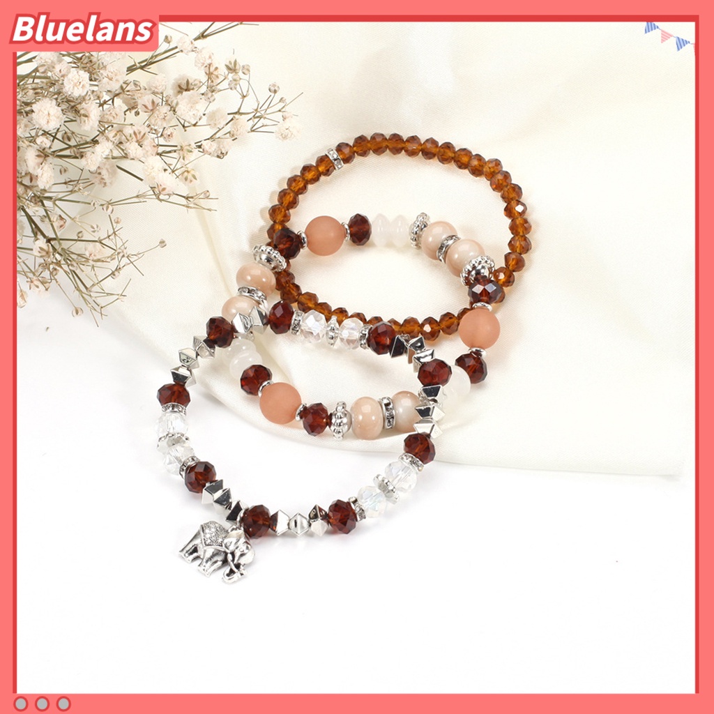 [BLS] 3pcs/set Gajah Menjuntai Tali Elastis Perempuan Gelang Multilayer Wanita Bohemia Manik-Manik Kristal Imitasi Gelang Perhiasan Aksesori