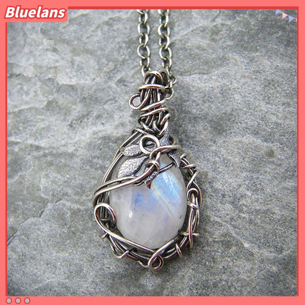[BLS] Rantai Ekstensi Dapat Disesuaikan Wanita Kalung Ringan Retro Faux Moonstone Leaf Pendant Necklace Perhiasan Aksesoris