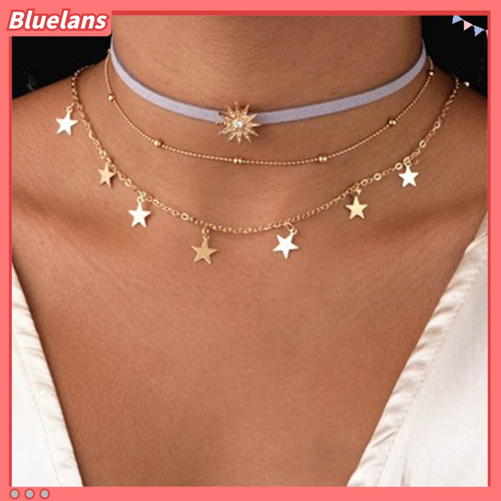 [BLS] 3 Pcs Wanita Kalung 3lapis Matahari Bintang Perhiasan Berlian Imitasi Bersinar Choker Kalung Untuk Pesta Pernikahan Perjamuan Prom