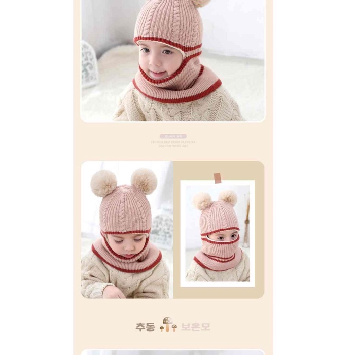 Kupluk Rajut Hangat Bayi untuk Musim Dingin Pompom dan Neck Cover