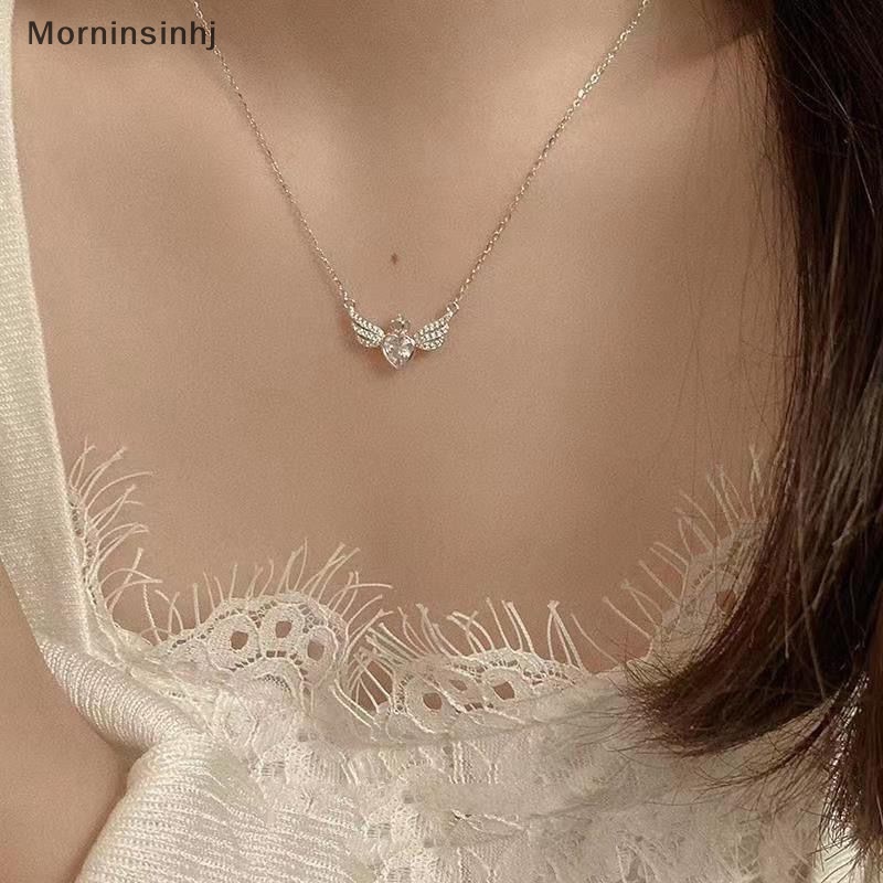 Mornin Gaya Korea Fashion Kristal Hati Sayap Liontin Kalung Warna Silver Mahkota Rantai Klavikula Untuk Wanita Pernikahan Perhiasan Aesthetic id