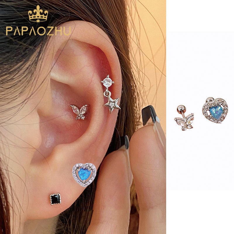 Papaozhu 2 Pcs Halus S925 Perak Bersinar Zirkon Kupu-Kupu Biru Opal Jantung Sekrup Anting-Anting Untuk Wanita Perempuan Elegan Ditindik Bola Kecil Cinta Stud Anting-Anting Fashion Perhiasan Hadiah