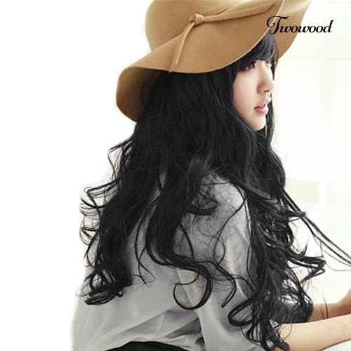 Twowood Woman Girl Fashion Panjang Keriting Bergelombang Cosplay Penuh Pesta Wig Rambut Dengan Topi Wig