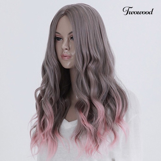 Twowood Lolita Mix Grey Pink Centre Parting Cosplay Rambut Panjang Keriting Bergelombang Full Wig