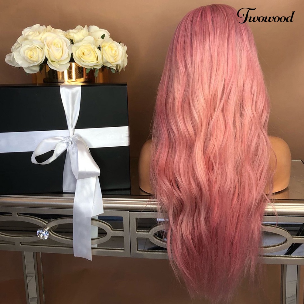 Twowood Fashion Pink Panjang Bergelombang Belah Samping Wig Alami Wanita Cosplay Pesta Sopak