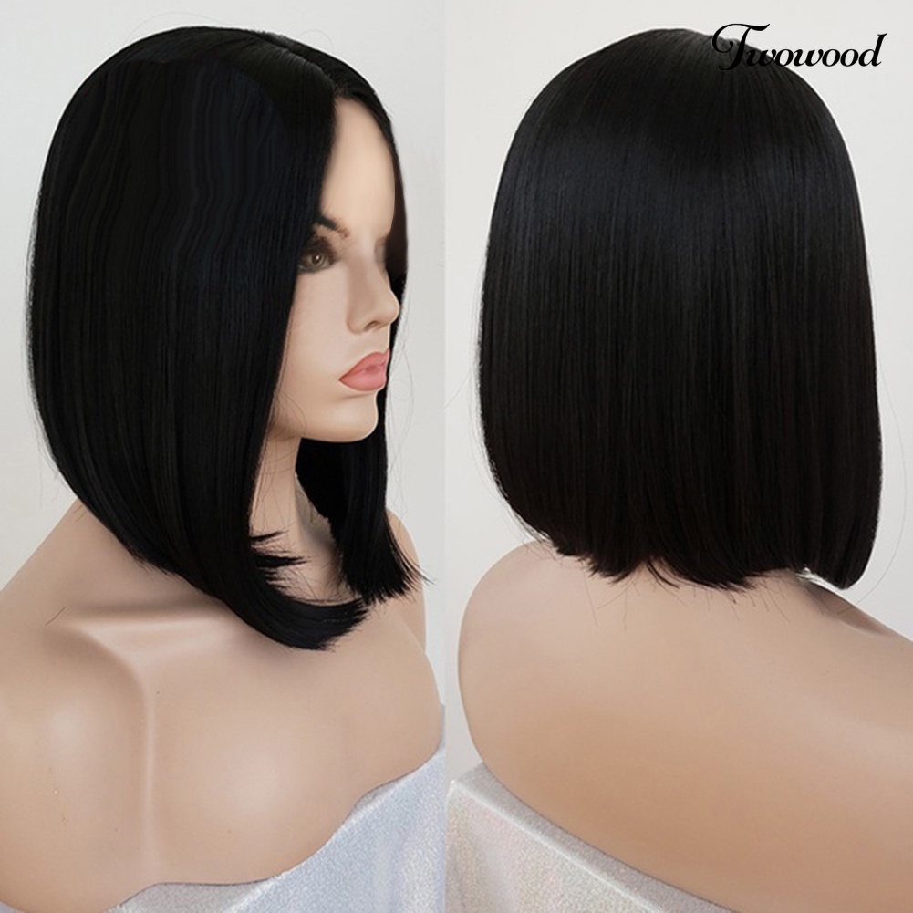 Twowood Wanita Lace Front Bob Natural Lurus Tahan Panas Sintetis Wig Sopak