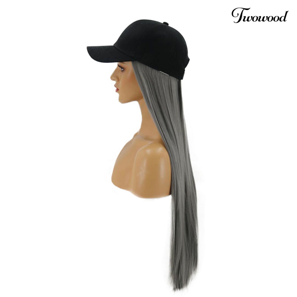 Twowood Wanita 2in1 Wig Rambut Sintetis Lurus Panjang Dengan Topi Pesta Ekstensi Sopak