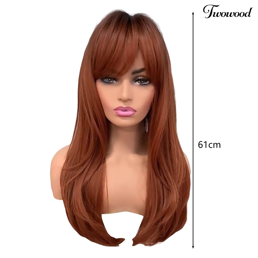 Wig Cosplay Twowood Dyed Halus Ringan Merah-Coklat Wig Poni Miring Lurus Panjang Untuk Kehidupan Sehari-Hari