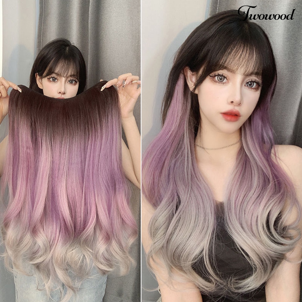 Twowood Wig piece Curly Lembut Berbulu Alami Pas Sempurna Desain Berbentuk U One-piece Ekstensi Berwarna Wig Gradasi Panjang Untuk Wanita