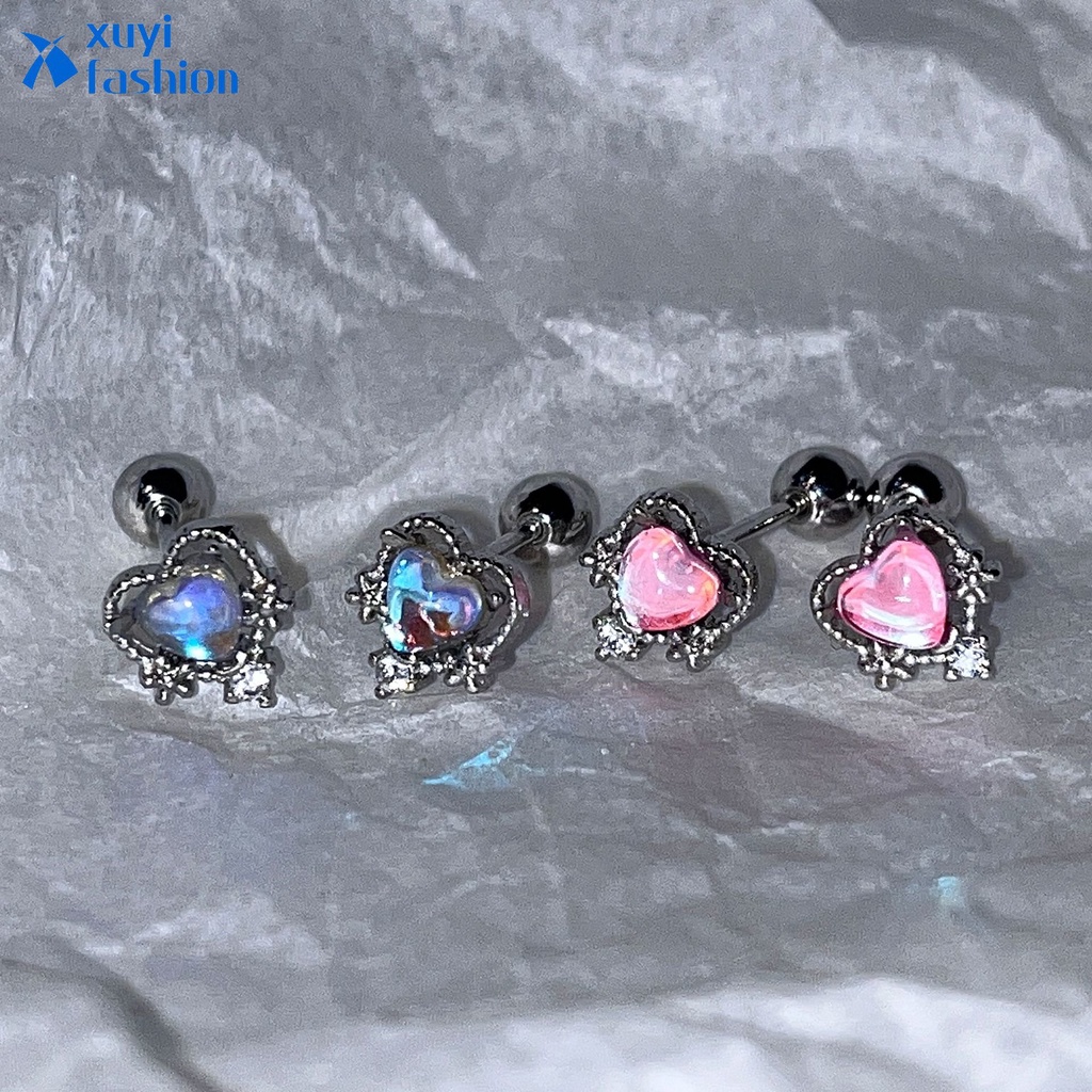 Y2k Anting Perak Hati Korea Pink Hias Berlian Stud Earrings Untuk Wanita Fashion Perhiasan Aksesoris