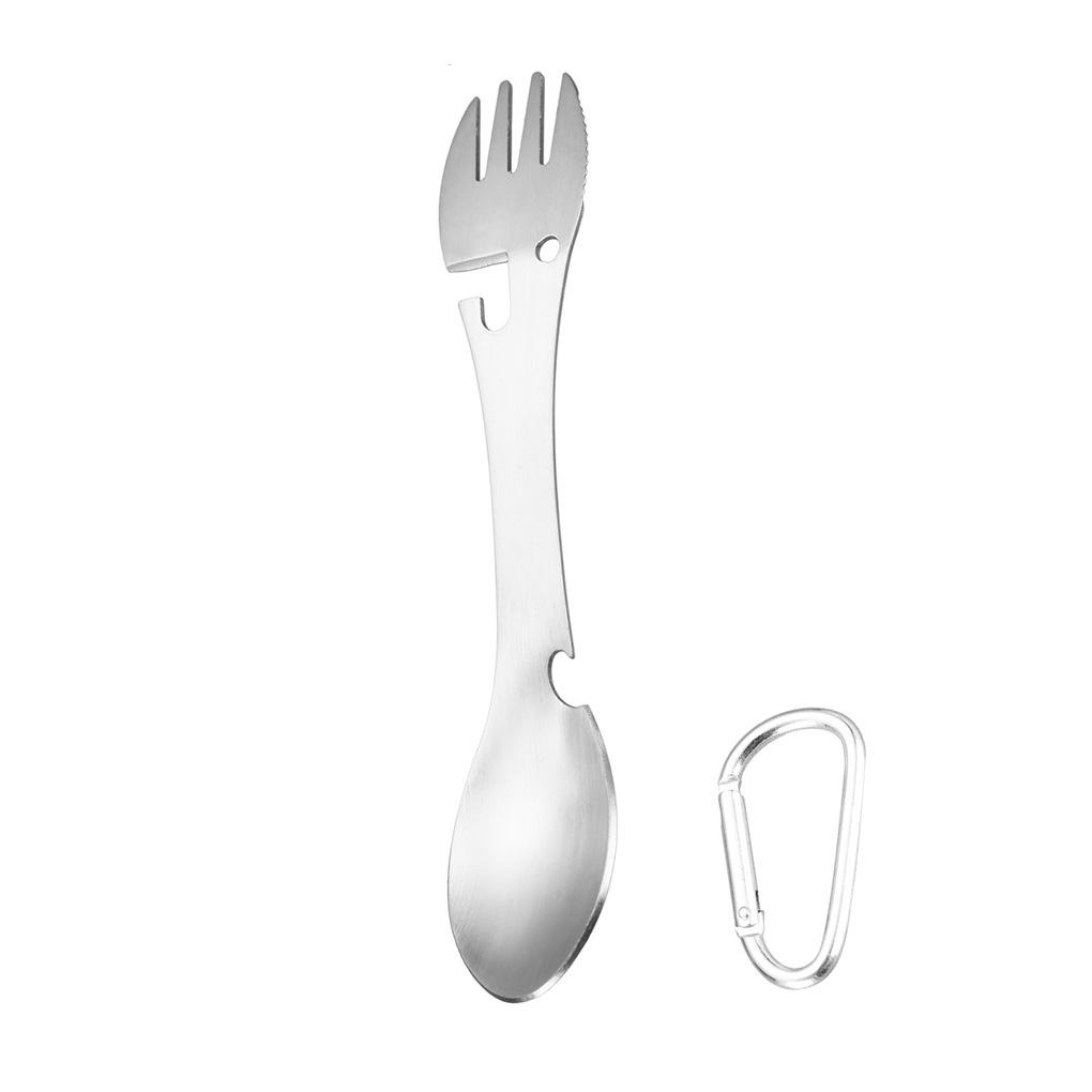 Spork Multifungsi Stainless Steel 5in1 Pisau Sendok Gantungan Kunci Pembuka Botol Alat Makan Untuk Camping Piknik Utensil