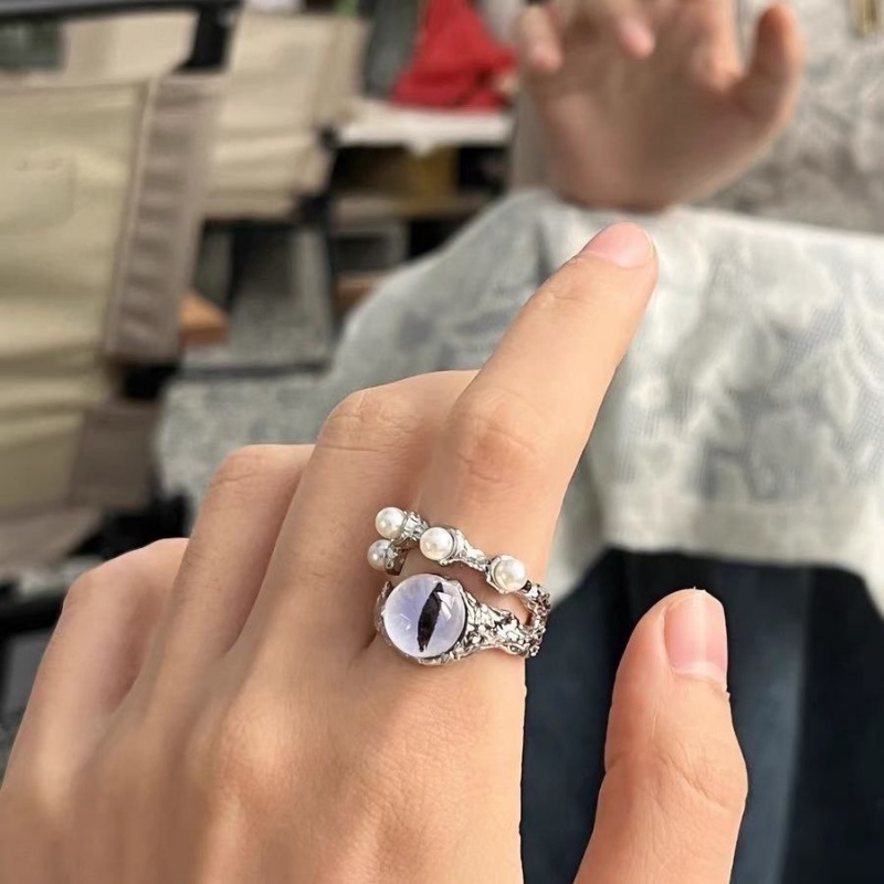 Hip-hop Rock Purple Cat Eye Finger Ring/ Cincin Mutiara Imitasi Lapisan Ganda/ INS Kreatif Pembukaan Yang Dapat Disesuaikan Alloy Ring Perhiasan Pesta