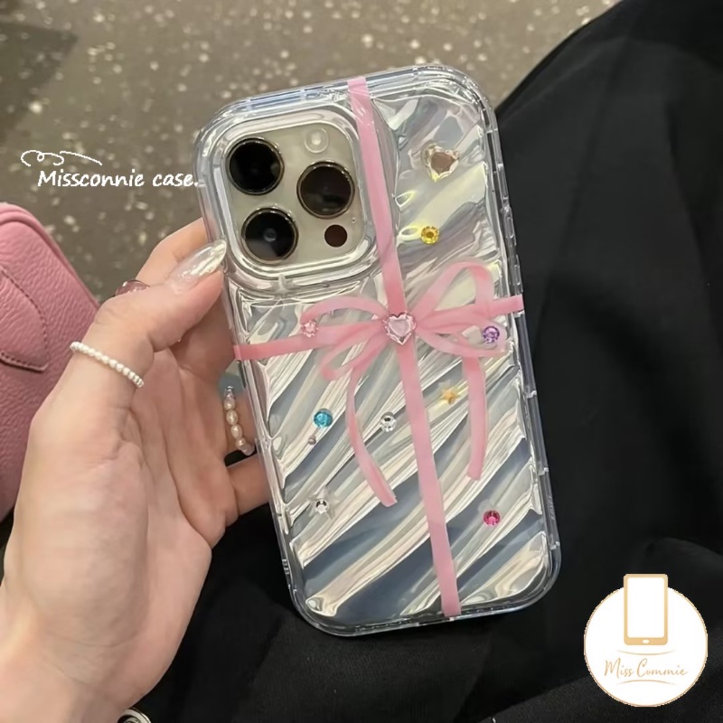 Casing Bening Kartu Laser Mewah Kompatibel Untuk IPhone 7Plus 12 11 13 14 Pro MAX 6 6S 7-8 Plus XR X XS MAX 8Plus SE 2020 Ins Pita Busur Cinta Hati Berlian Lembut Tpu 3D Bergelombang Melengkung Cover