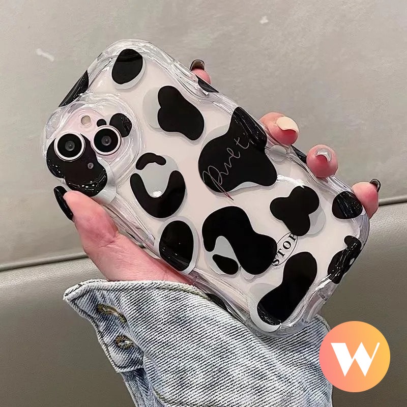 IPHONE Case Kompatibel Untuk Iphone11 13 14 12 Pro Max XR XS X Max Se2020 7Plus 8 6s7 6 Plus Simple Hitam Putih Motif Leopard Ekspresi Lucu 3D Tepi Bergelombang Melengkung Soft Cover