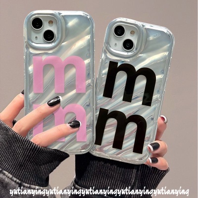 Simple Huruf M 3D Stereo Bergelombang Dengan Casing Stiker Hati Berlian Kompatibel Untuk IPhone XR X XS Max 7Plus 6 7 6s8 Plus 11 13 12 14 Pro Max SE 2020 Pink Pita Busur Soft Cover