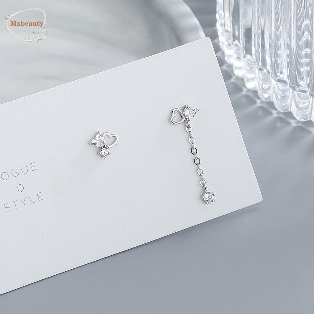 Mxbeauty Cinta Hati Anting Pejantan Elegan Rantai Sederhana Perempuan Gadis Zirkon Asimetris Menjuntai Anting