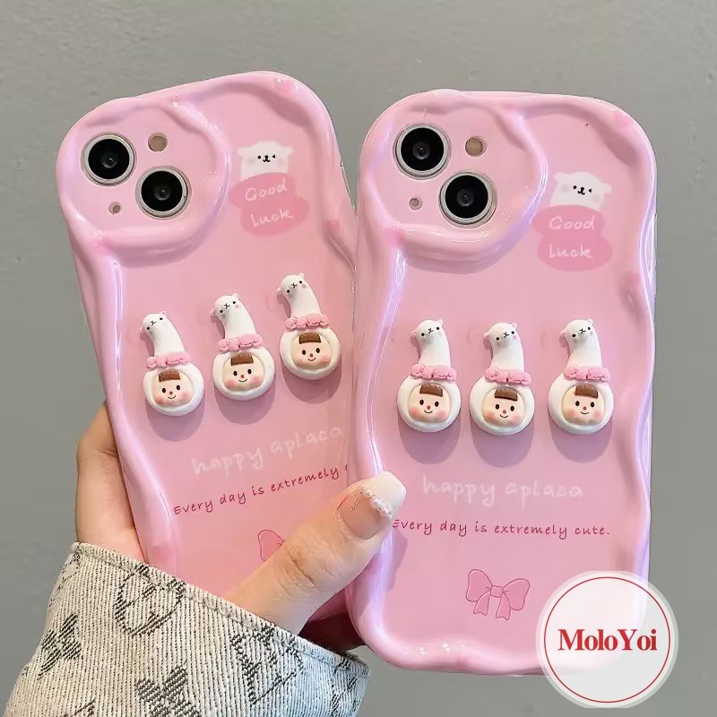 IPHONE Casing 3D Wavy Curved Edge Glossy Kompatibel Untuk Iphone11 12 14 13 Pro Max 7Plus XR XS X Max6 6s 7 8 Plus Se2020 Boneka 3D Pink Kartun Lucu Alpaka Cewek Soft Cover